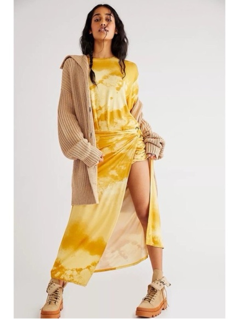 New Free People Alyssa Size S Stretch Wrap Golden Yellow Tie Dye Dress $128